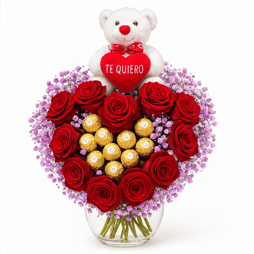 Ramo Corazón con Rosas Rojas, Bombones y Peluche